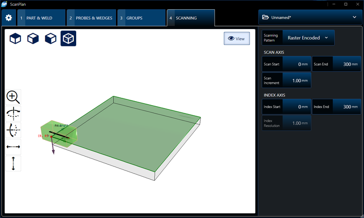 ScanPlan software scanning tab showing the probe on the part and the scanning axes.