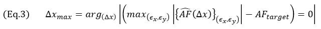 （公式3）Δx_max=〖arg〗_((Δx) ) |(max_((ϵ_x,ϵ_y ) ) |{(AF) ̂(Δx)}_((ϵ_x,ϵ_y ) ) |-〖AF〗_target )=0|